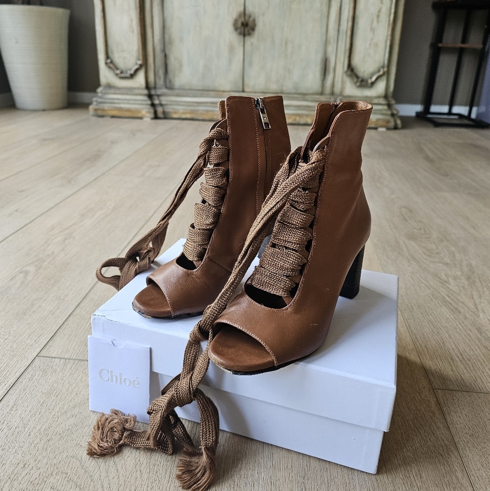 Chloe Coquette Lace Up Cognac Leather Open Toe Booties Size 36 - Picture 4 of 11